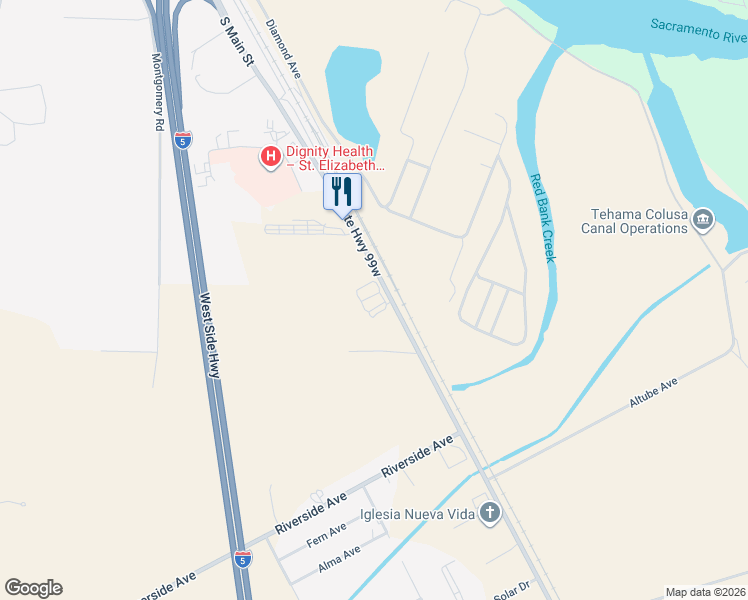 map of restaurants, bars, coffee shops, grocery stores, and more near 12095-12199 County Route A8 in Red Bluff