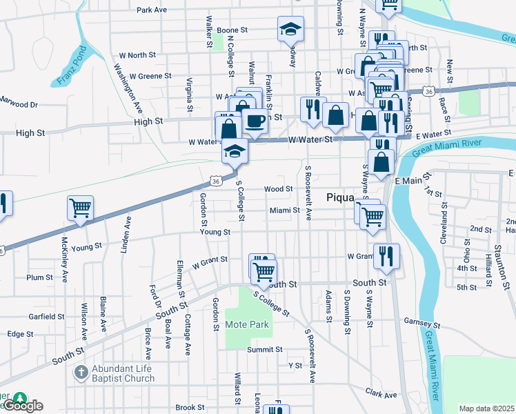 map of restaurants, bars, coffee shops, grocery stores, and more near 508 Miami Street in Piqua