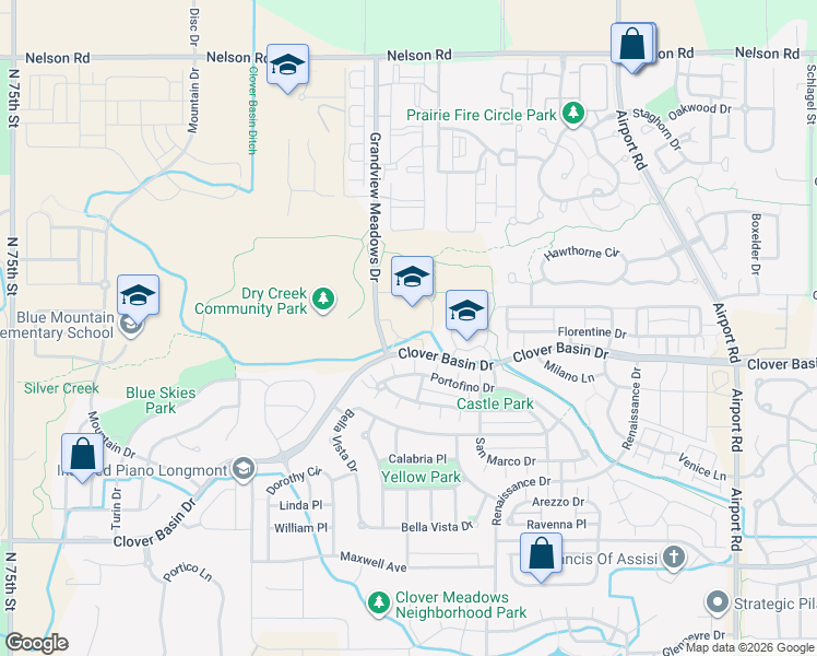 map of restaurants, bars, coffee shops, grocery stores, and more near 4600 Clover Basin Drive in Longmont