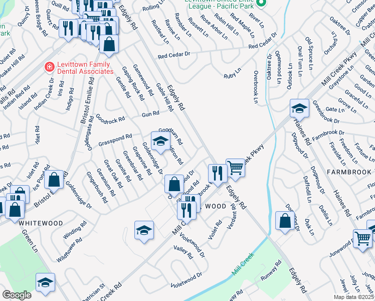 map of restaurants, bars, coffee shops, grocery stores, and more near 16 Goodturn Road in Levittown