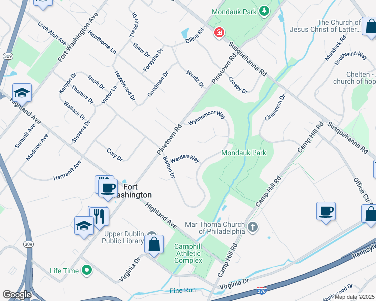 map of restaurants, bars, coffee shops, grocery stores, and more near 1216 Warden Way in Fort Washington