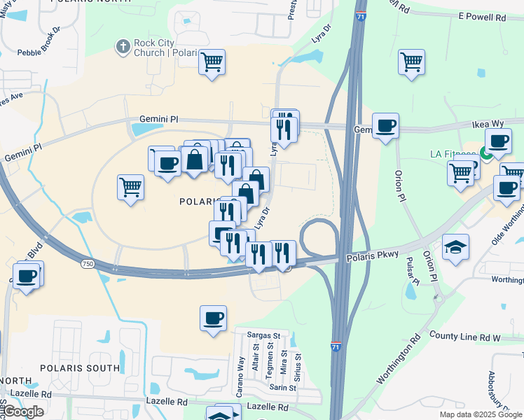 map of restaurants, bars, coffee shops, grocery stores, and more near 8737 Lyra Drive in Columbus