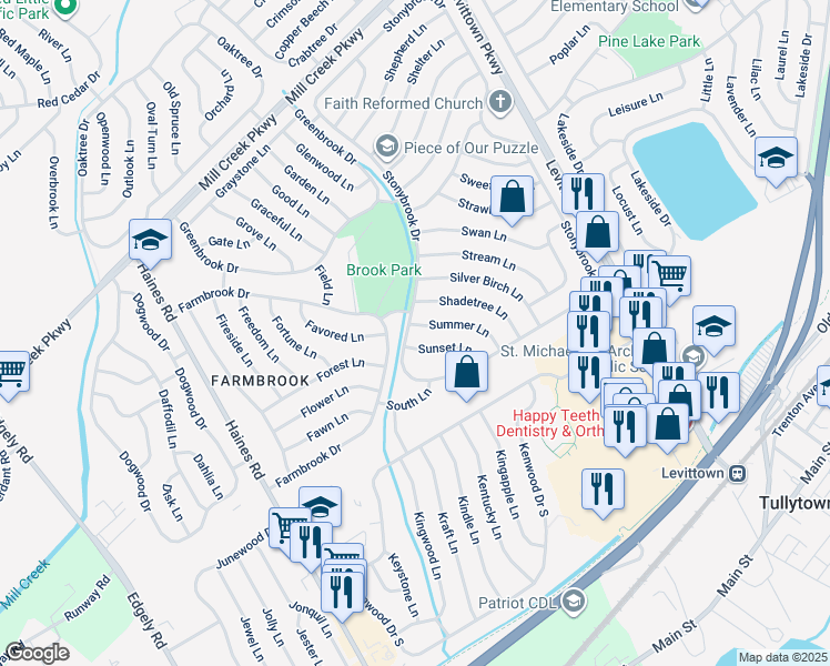 map of restaurants, bars, coffee shops, grocery stores, and more near 2 Summer Lane in Levittown
