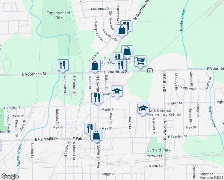 map of restaurants, bars, coffee shops, grocery stores, and more near 1114 Wabash Avenue in Danville