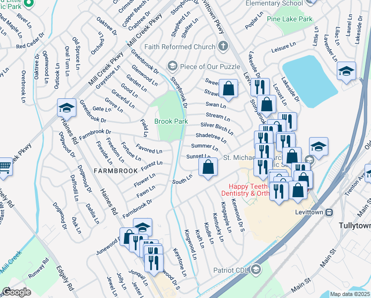 map of restaurants, bars, coffee shops, grocery stores, and more near 2 Summer Lane in Levittown