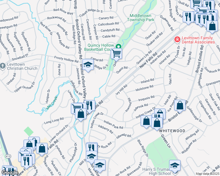map of restaurants, bars, coffee shops, grocery stores, and more near 6 Queen Anne Road in Levittown