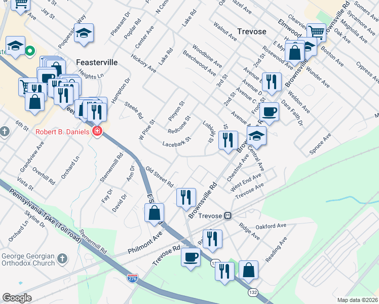 map of restaurants, bars, coffee shops, grocery stores, and more near 1307 Lacebark Street in Feasterville-Trevose