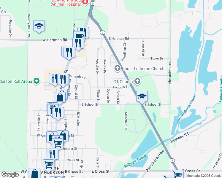 map of restaurants, bars, coffee shops, grocery stores, and more near 609 Iroquois Street in Anderson