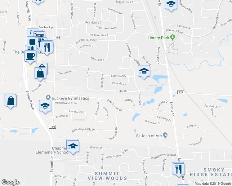 map of restaurants, bars, coffee shops, grocery stores, and more near 161 Tiller Drive in Powell