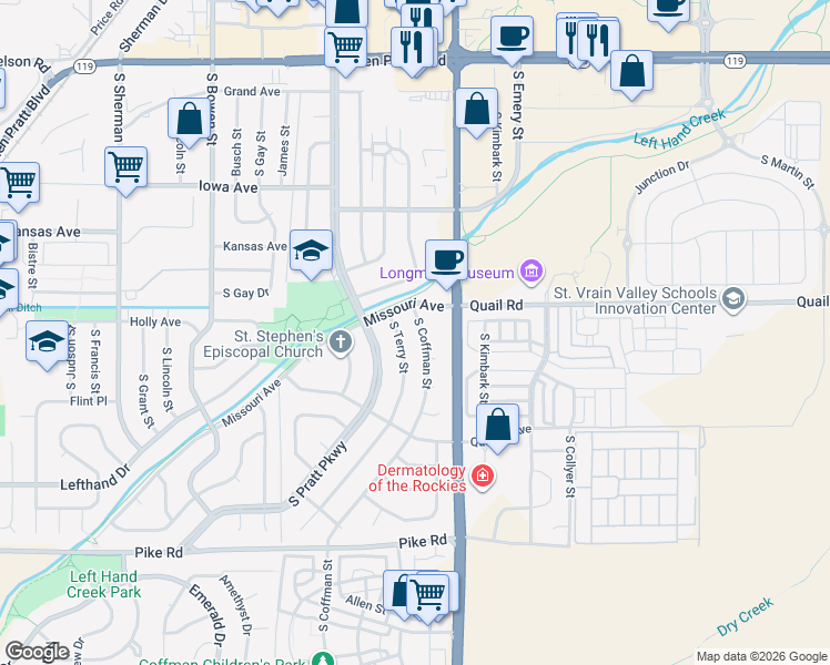 map of restaurants, bars, coffee shops, grocery stores, and more near 1216 South Coffman Street in Longmont