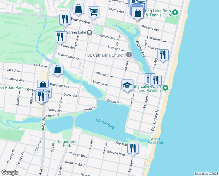 map of restaurants, bars, coffee shops, grocery stores, and more near 317 Salem Avenue in Spring Lake