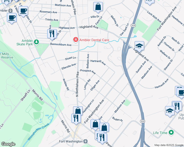 map of restaurants, bars, coffee shops, grocery stores, and more near 314 Locust Road in Fort Washington