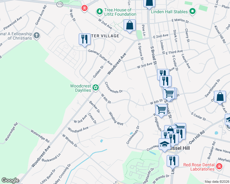 map of restaurants, bars, coffee shops, grocery stores, and more near 580 Crosswinds Drive in Lititz