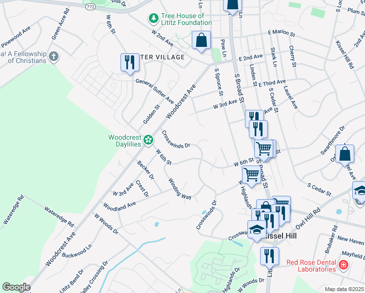 map of restaurants, bars, coffee shops, grocery stores, and more near 562 Crosswinds Drive in Lititz