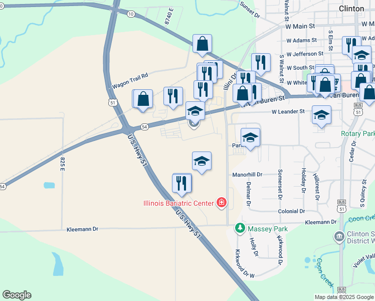 map of restaurants, bars, coffee shops, grocery stores, and more near 1200 Illinois 54 in Clinton
