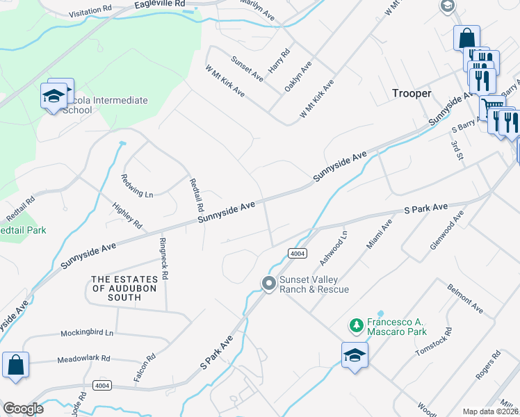 map of restaurants, bars, coffee shops, grocery stores, and more near 738 Sunnyside Avenue in Eagleville