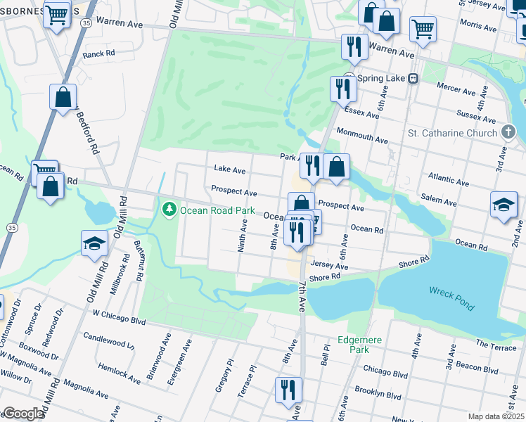 map of restaurants, bars, coffee shops, grocery stores, and more near 808 Ocean Road in Spring Lake