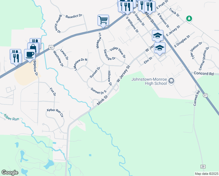 map of restaurants, bars, coffee shops, grocery stores, and more near 414 Hillview Drive in Johnstown