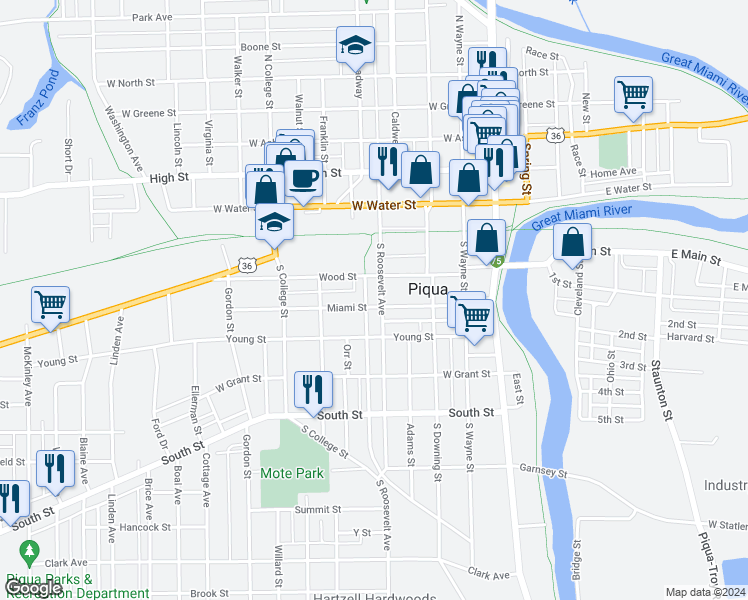 map of restaurants, bars, coffee shops, grocery stores, and more near 224 1/2 South Roosevelt Avenue in Piqua
