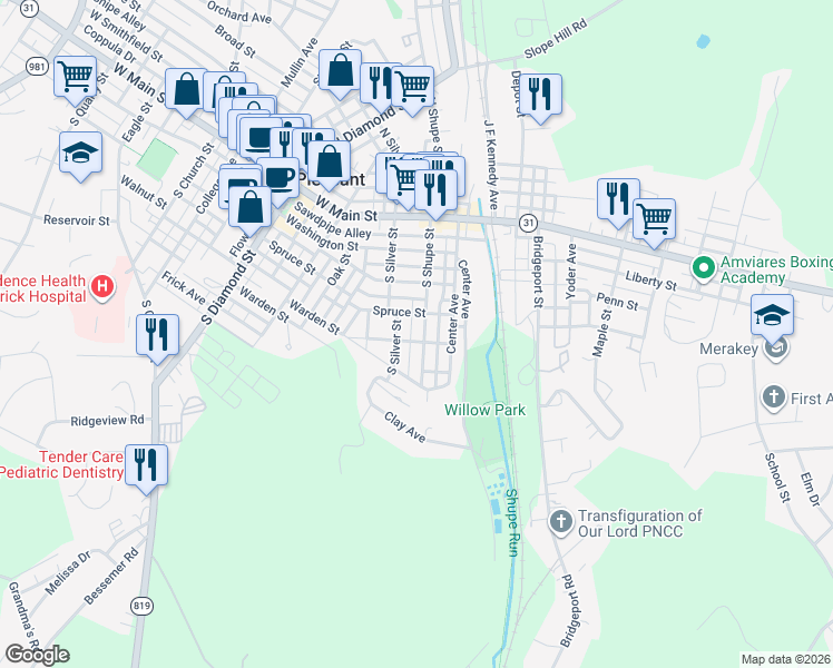 map of restaurants, bars, coffee shops, grocery stores, and more near 222 South Shupe Street in Mount Pleasant