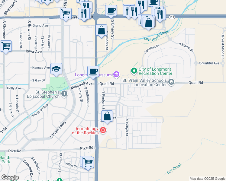 map of restaurants, bars, coffee shops, grocery stores, and more near 1205 Redbird Street in Longmont