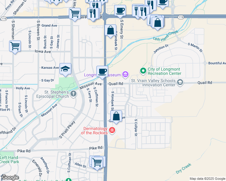 map of restaurants, bars, coffee shops, grocery stores, and more near 1204 Carriage Drive in Longmont