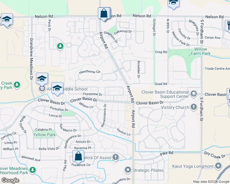 map of restaurants, bars, coffee shops, grocery stores, and more near 3816 Florentine Circle in Longmont