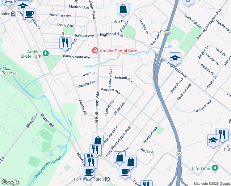 map of restaurants, bars, coffee shops, grocery stores, and more near 314 Locust Road in Fort Washington