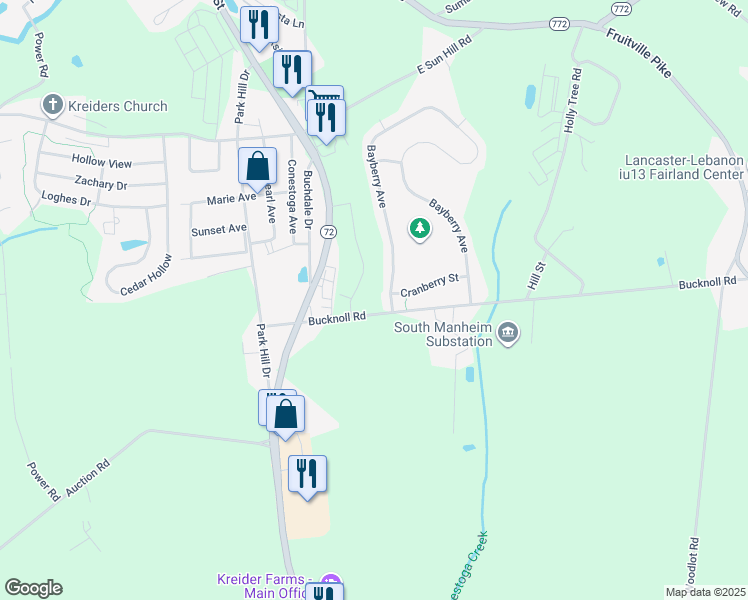 map of restaurants, bars, coffee shops, grocery stores, and more near 6009 Bayberry Avenue in Manheim