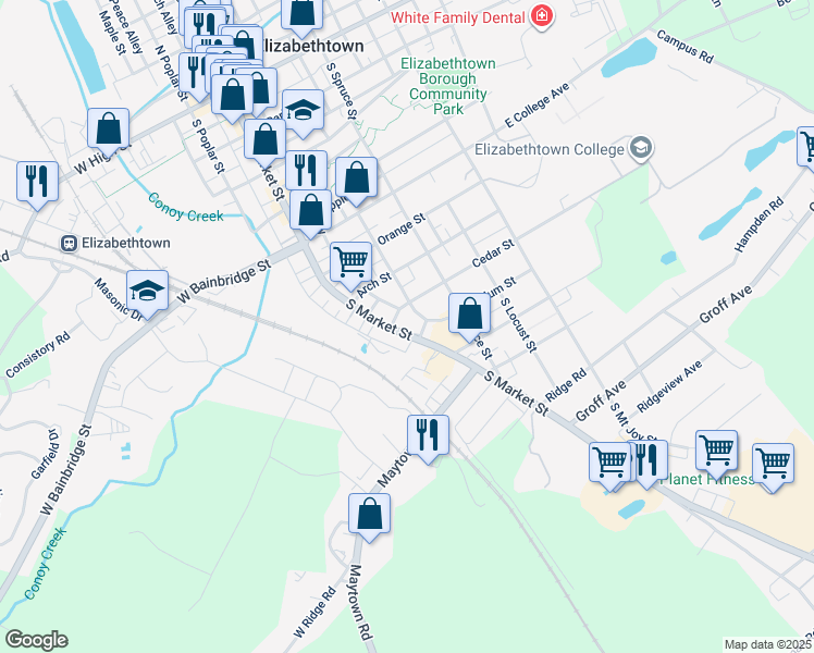 map of restaurants, bars, coffee shops, grocery stores, and more near 717-719 South Market Street in Elizabethtown