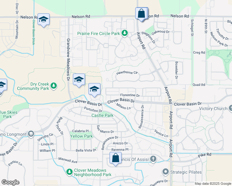 map of restaurants, bars, coffee shops, grocery stores, and more near 4107 Da Vinci Drive in Longmont