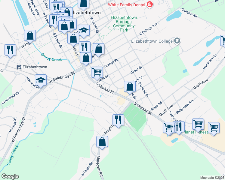 map of restaurants, bars, coffee shops, grocery stores, and more near 717-719 South Market Street in Elizabethtown