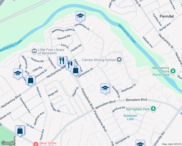 map of restaurants, bars, coffee shops, grocery stores, and more near 3351 Bryan Court in Bensalem