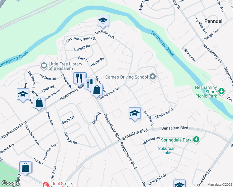 map of restaurants, bars, coffee shops, grocery stores, and more near 3351 Bryan Court in Bensalem