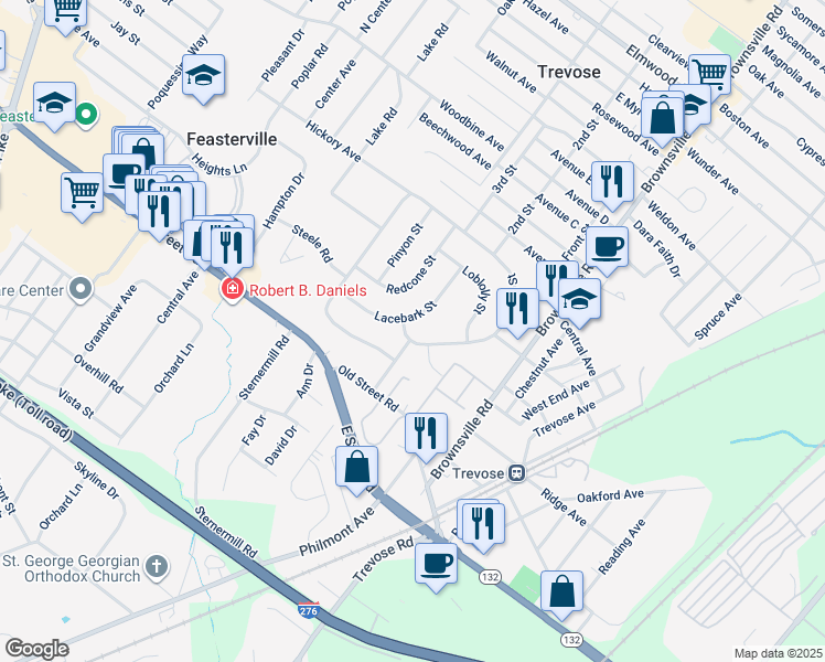 map of restaurants, bars, coffee shops, grocery stores, and more near 1307 Lacebark Street in Feasterville-Trevose