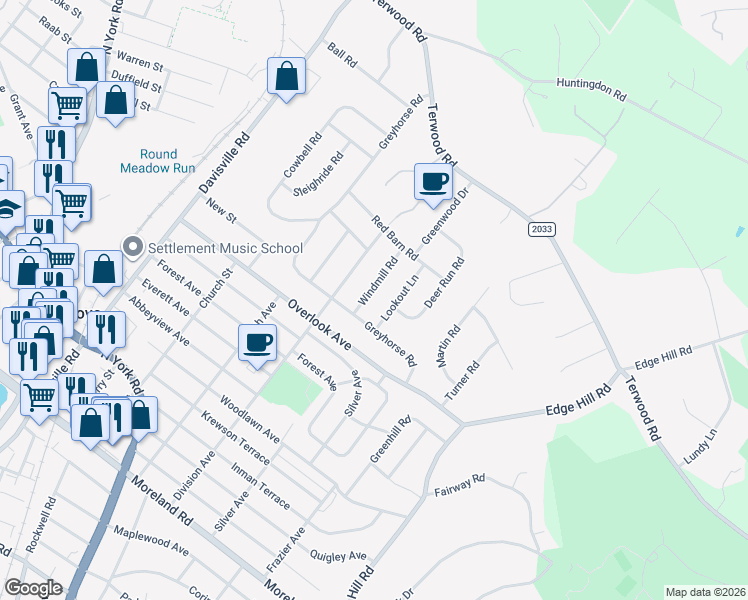 map of restaurants, bars, coffee shops, grocery stores, and more near 184 Windmill Road in Willow Grove