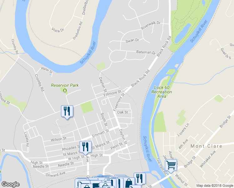 map of restaurants, bars, coffee shops, grocery stores, and more near 1027 Square Drive in Phoenixville