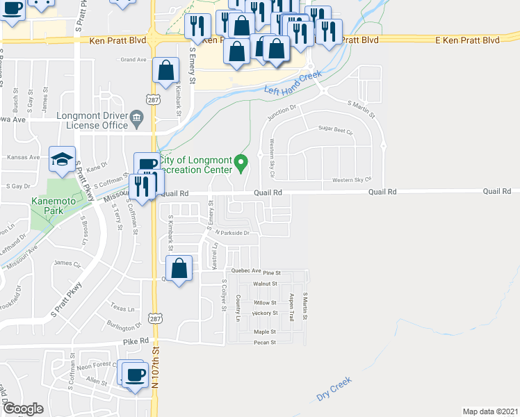 map of restaurants, bars, coffee shops, grocery stores, and more near 1257 Hummingbird Circle in Longmont
