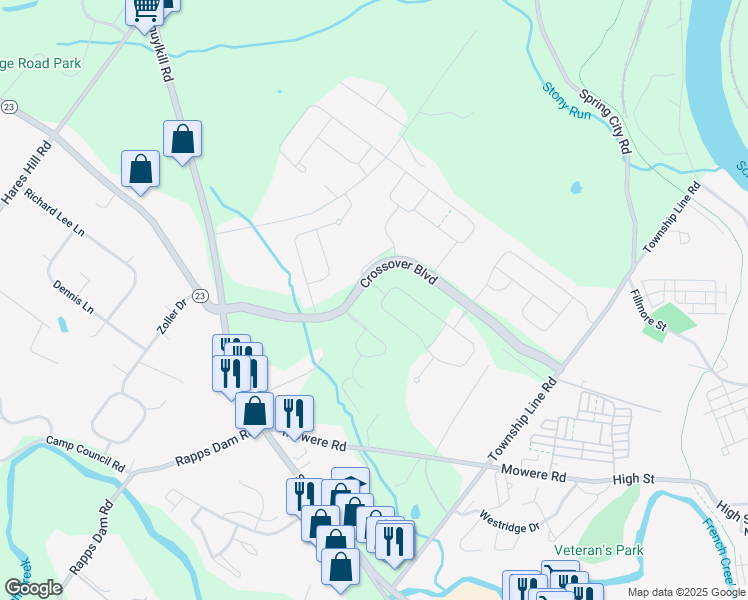 map of restaurants, bars, coffee shops, grocery stores, and more near 723 Reading Circle in Phoenixville