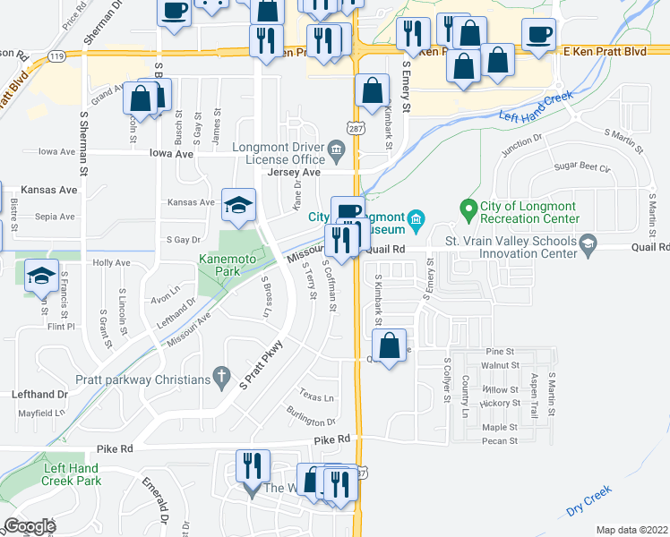 map of restaurants, bars, coffee shops, grocery stores, and more near 1216 South Coffman Street in Longmont