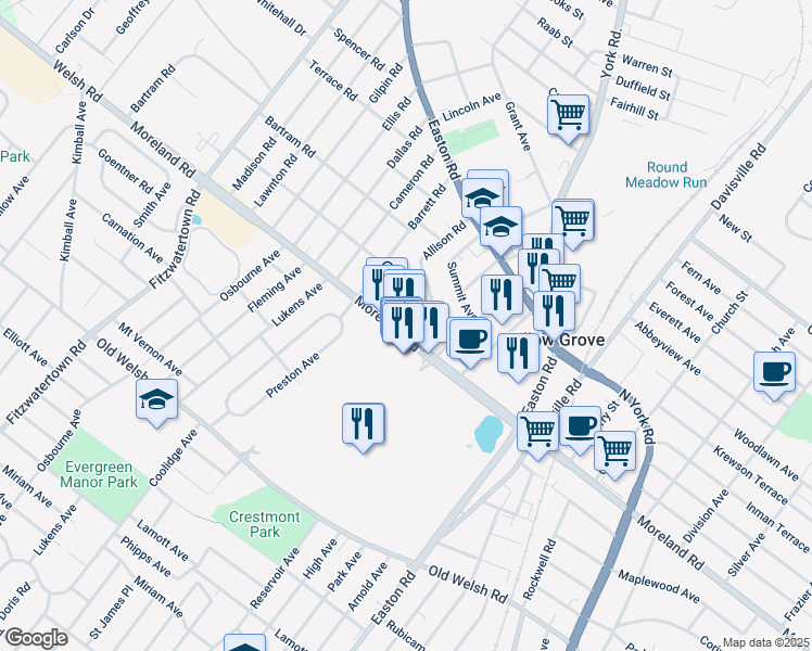 map of restaurants, bars, coffee shops, grocery stores, and more near 405 West Moreland Road in Willow Grove