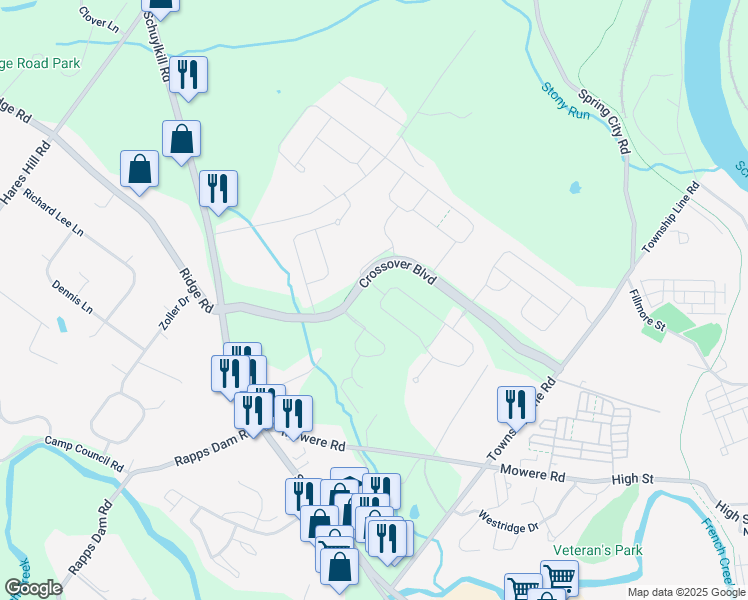 map of restaurants, bars, coffee shops, grocery stores, and more near 723 Reading Circle in Phoenixville