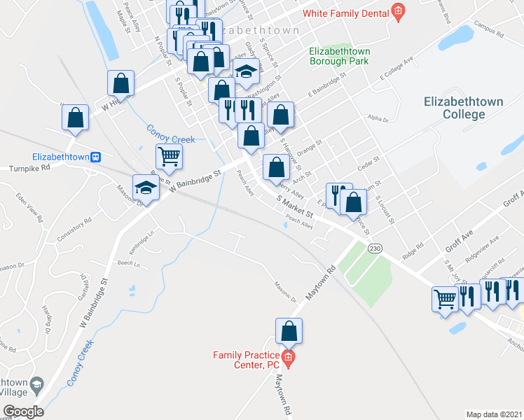map of restaurants, bars, coffee shops, grocery stores, and more near 626 South Market Street in Elizabethtown