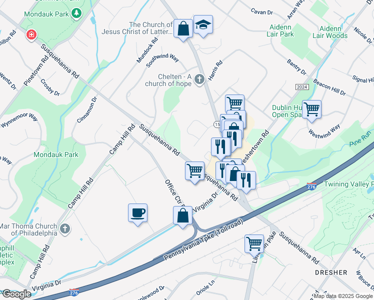 map of restaurants, bars, coffee shops, grocery stores, and more near 1650 Susquehanna Road in Montgomery County