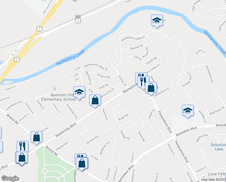 map of restaurants, bars, coffee shops, grocery stores, and more near 5906 Griscomb Drive in Bensalem