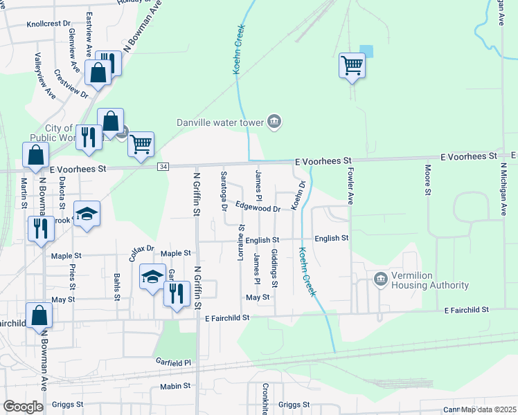 map of restaurants, bars, coffee shops, grocery stores, and more near 1201 James Place in Danville