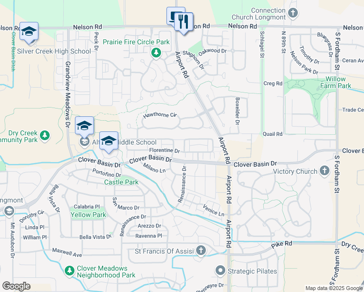 map of restaurants, bars, coffee shops, grocery stores, and more near 3847 Florentine Circle in Longmont