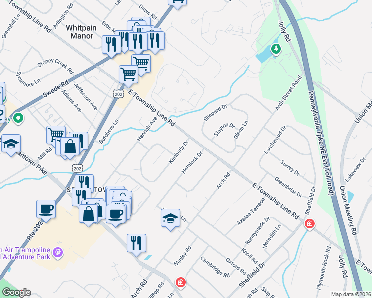 map of restaurants, bars, coffee shops, grocery stores, and more near 210 East Township Line Road in East Norriton