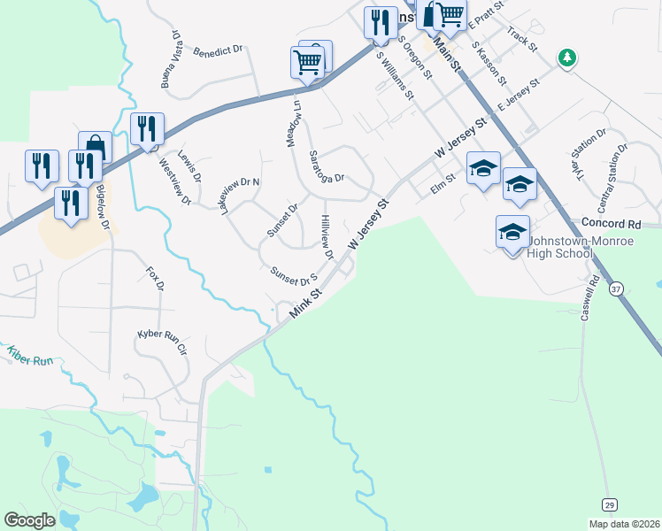 map of restaurants, bars, coffee shops, grocery stores, and more near 414 Hillview Drive in Johnstown