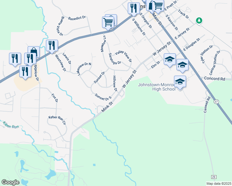 map of restaurants, bars, coffee shops, grocery stores, and more near 414 Hillview Drive in Johnstown